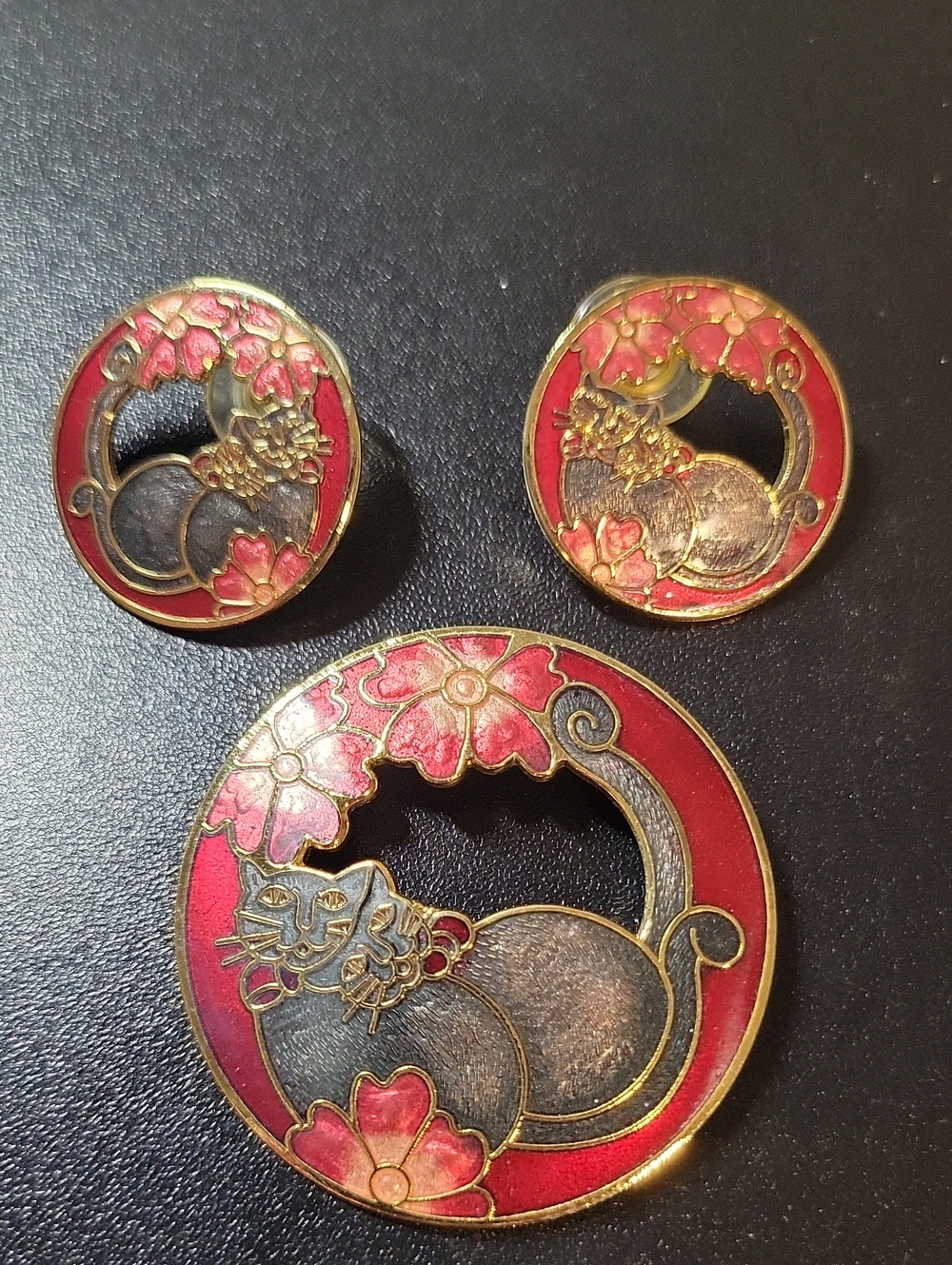 Enamel Cat Floral Brooch and Earring Set - Red